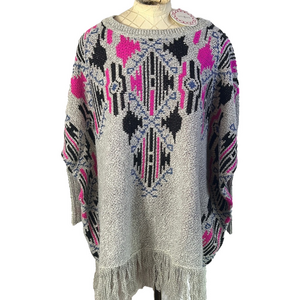 Umgee Geometric Oversized Knit Sweater Poncho Pink Black, and Gray Fringe Medium
